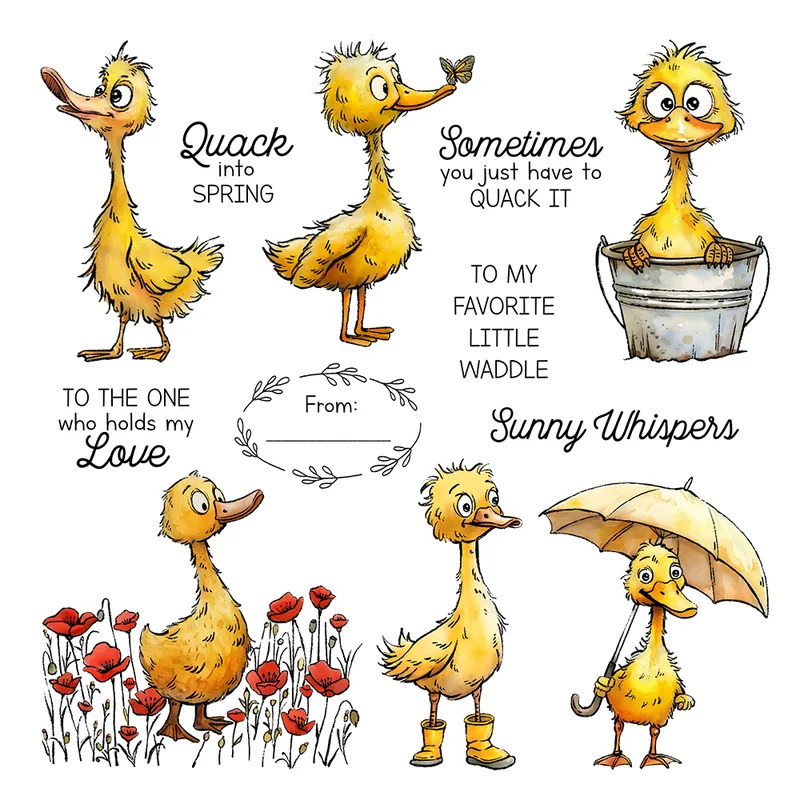 Cute Little Ducks In Rainy Day - Rubber Stamp Blank avis et prix
