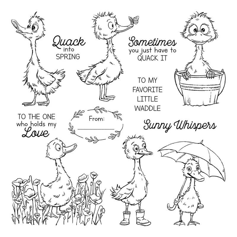 Cute Little Ducks In Rainy Day - Rubber Stamp Blank avis et prix